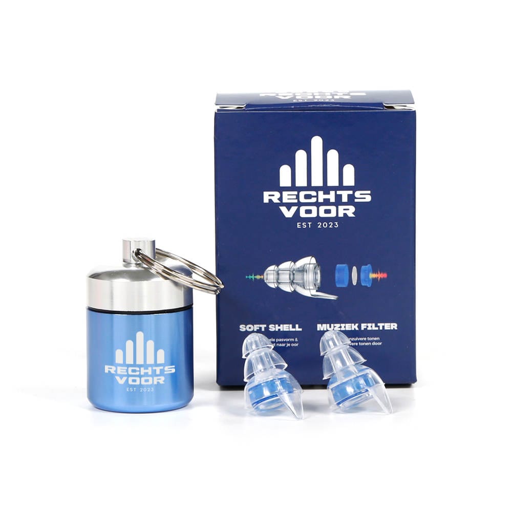 festival oordoppen festival oordop festival oordopje festival oortjes blauw met muziekfilter Rechtsvoor