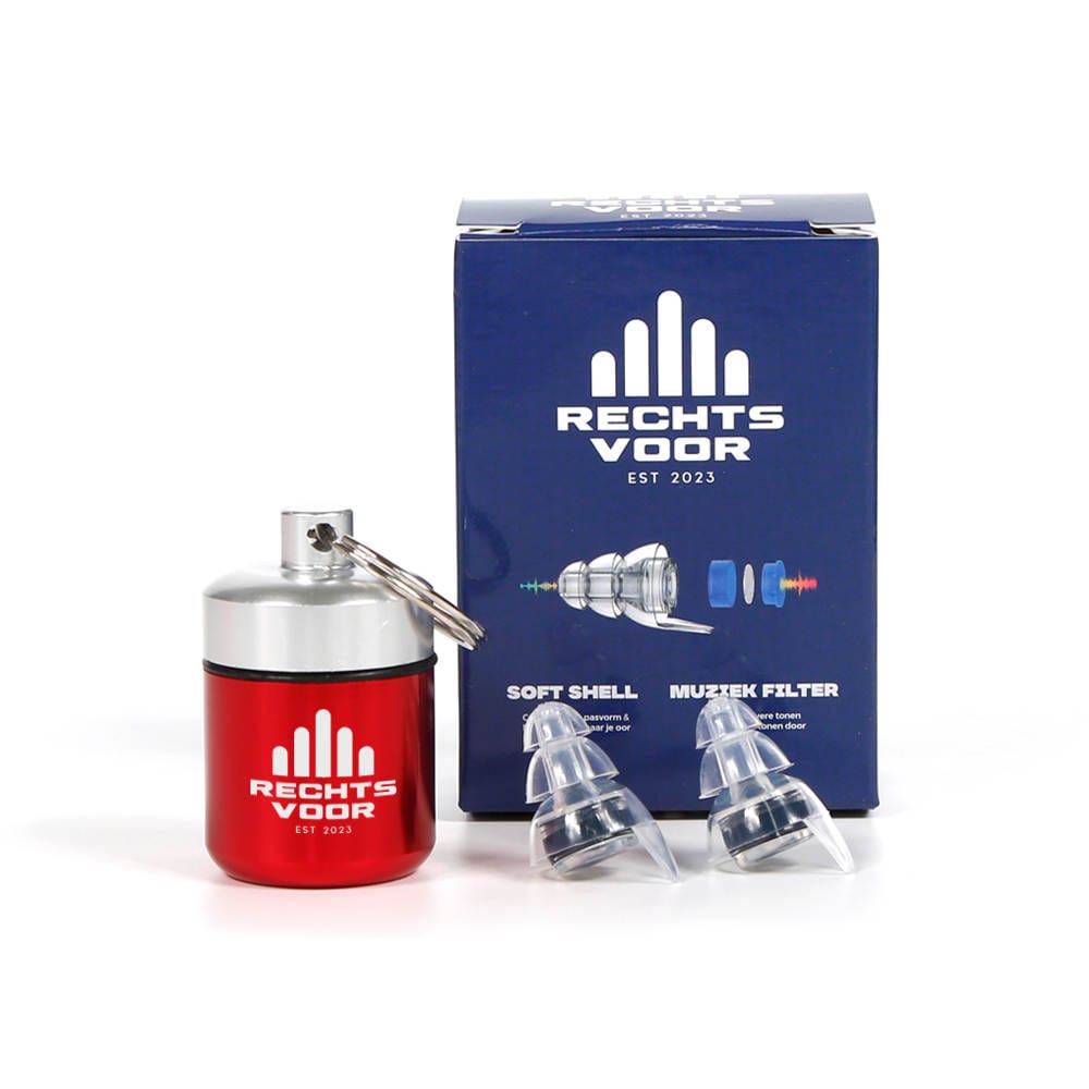 festival oordoppen festival oordop festival oordopje festival oortjes rood met muziekfilter van Rechtsvoor